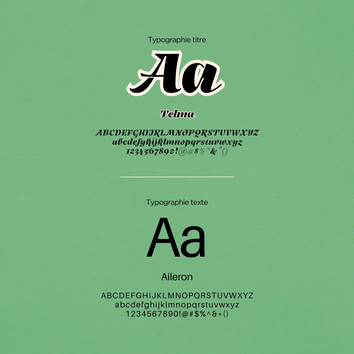 Présentation des typographies de l’identité visuelle du projet fictif La Boulange, avec Telma pour les titres et Aileron pour le texte.