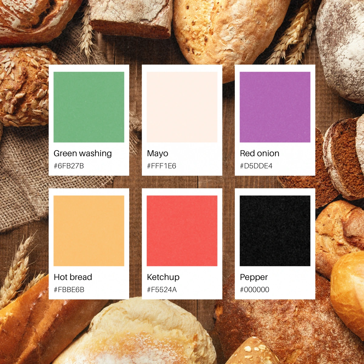 Palette de couleurs de l’identité visuelle du projet fictif La Boulange, inspirée des teintes du pain et des ingrédients naturels.
