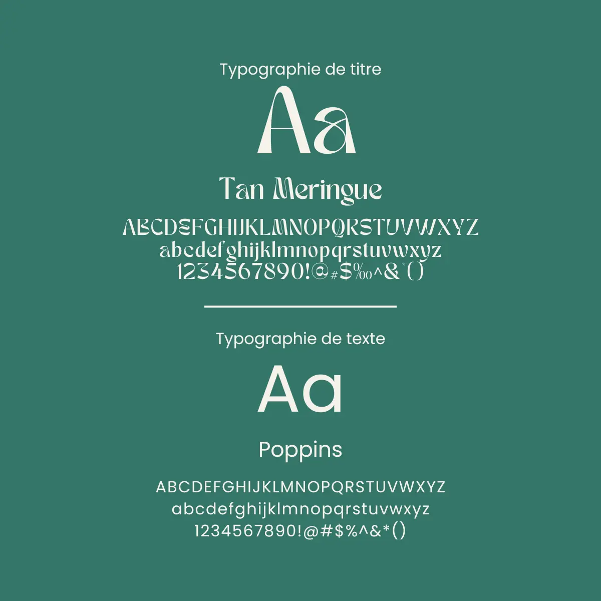 Typographies de la charte graphique Yoga Le Refuge : Tan Meringue pour les titres et Poppins pour le texte.