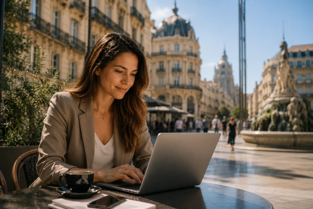 Entrepreneure travaillant son référencement local à Montpellier sur ordinateur portable