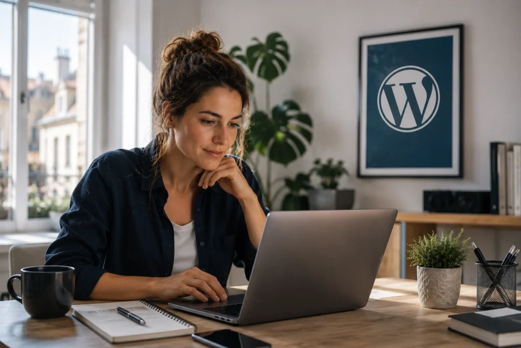 Webdesigner travaillant sur un site WordPress dans un bureau lumineux