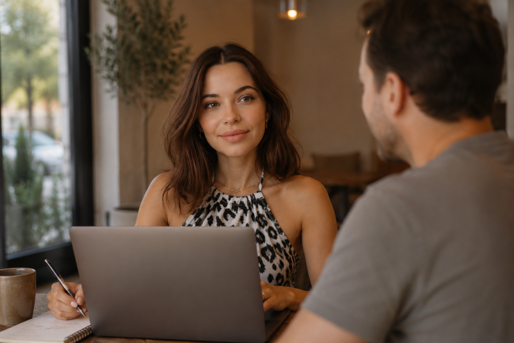 Webdesigner échangeant avec un artisan au sujet de sa visibilité et de ses futurs clients à Montpellier