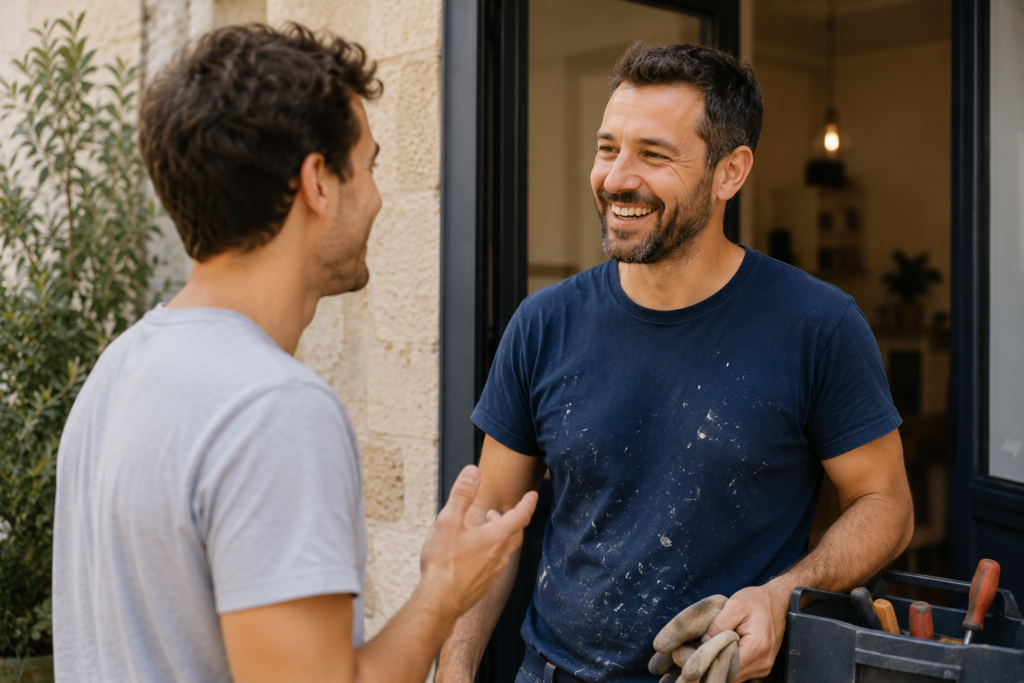 Artisan échangeant avec un client satisfait après une intervention à domicile à Montpellier