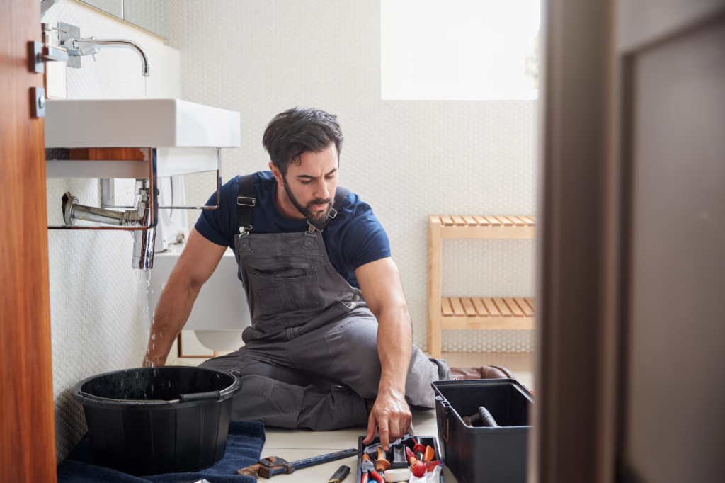 Plombier intervenant sur une fuite sous un lavabo dans une salle de bain à Montpellier