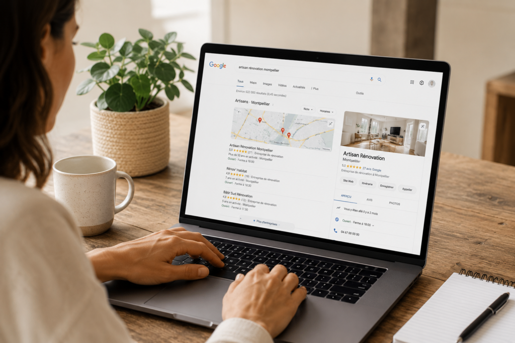 Recherche Google d’un artisan local à Montpellier avec résultats Google Business Profile