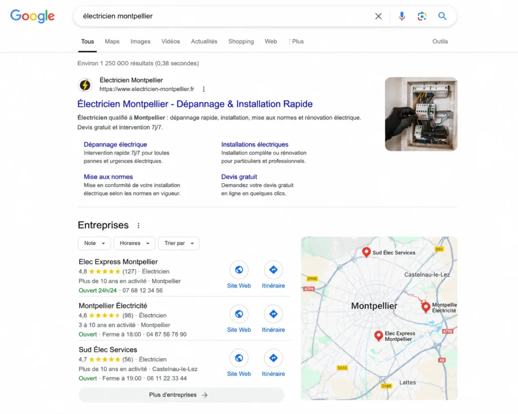 Résultats Google pour une recherche d’électricien à Montpellier avec fiches locales et carte